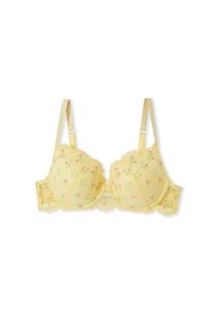 Reggiseno giallo imbottito con spalline regolabili e delicata ricamo floreale rosa e verde su coppe e fascia.