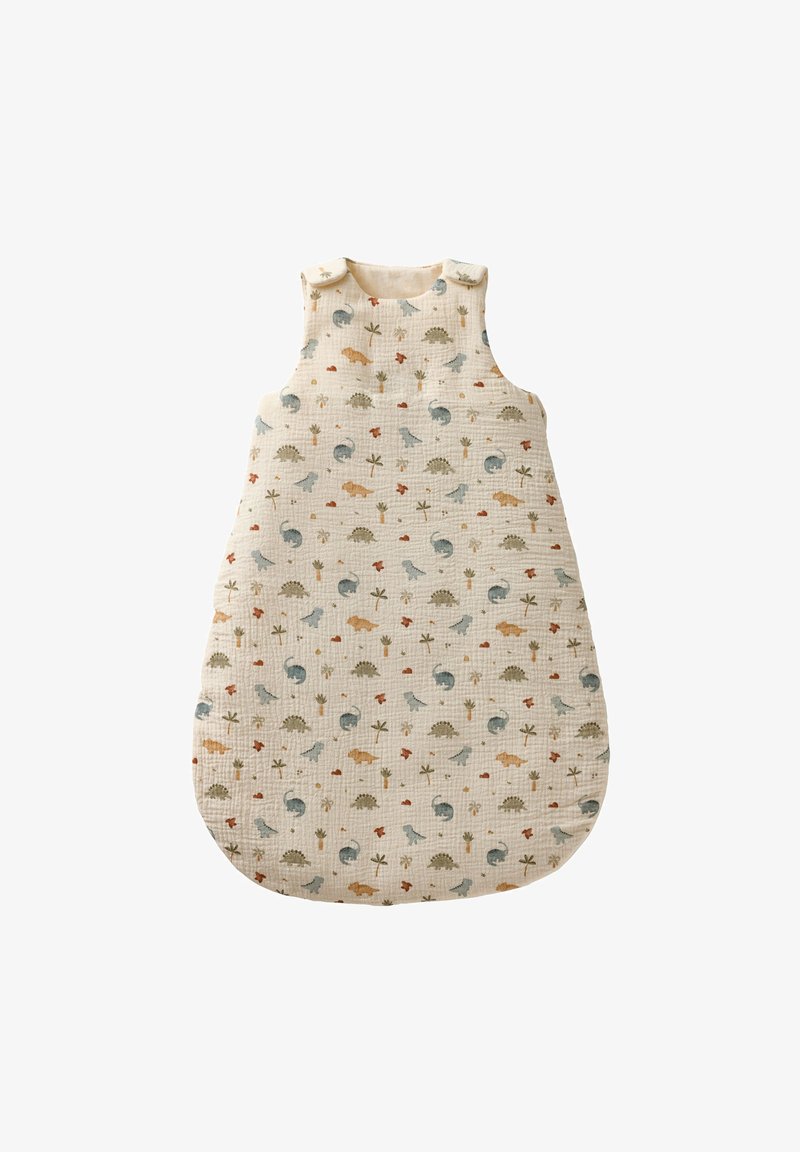 Quilted sleeping bag in cream with a pattern of dinosaurs and plants in muted colors. Features sleeveless design and snap closures at shoulders.