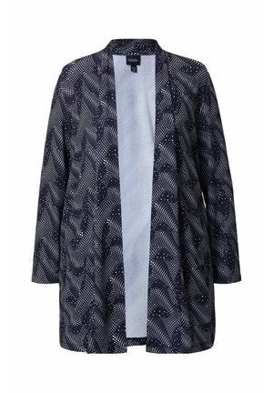 Marineblauwe cardigan in kimonomodel met een open voorkant, voorzien van witte golven- en stippenpatronen. Driekwart mouwen, lichtgewicht stof, ontspannen pasvorm.