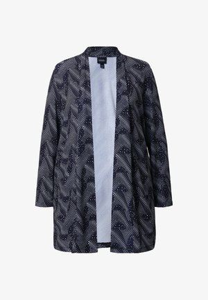 Cardigan stile kimono blu navy con apertura frontale, decorato con motivi di onde bianche e puntini. Maniche tre quarti, tessuto leggero, vestibilità comoda.