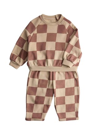 Ensemble sweat-shirt et pantalon à carreaux marron et beige, fabriqué en tissu doux. Comprend des poignets et une ceinture côtelés pour un ajustement confortable.