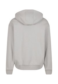 Hellgrauer Kapuzenpullover aus strukturiertem Stoff, mit gerippten Bündchen und Saum. Die Rückseite hat ein einfaches, klares Design ohne zusätzliche Details.