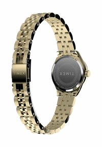 Reloj de acero inoxidable dorado con un diseño de pulsera articulada, un dial negro y marcadores plateados. Presenta la marca Timex en el cierre.
