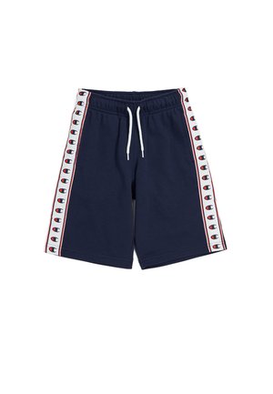 Bermudas deportivas de color azul marino, hechas de una tela suave, con un cordón blanco y paneles laterales que presentan un patrón de logotipos en rojo y blanco.