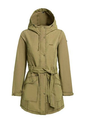 Olivengroene jas met capuchon, vooraan sluiting met knopen, twee klepzakken en een bijpassende ceintuur gestrikt in de taille.