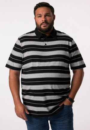 Zwart en grijs gestreept poloshirt met een effen zwarte kraag, knopen aan de voorkant, korte mouwen en een relaxte pasvorm.