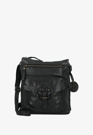 Borsa a tracolla in pelle nera con chiusura a zip, tasca frontale con patta, tracolla regolabile e dettaglio con charm ad ancora. Texture liscia, design compatto.