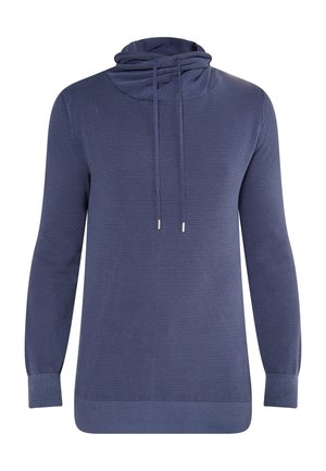 Námořnický modrý svetr s rolákem, dlouhými rukávy, strukturovanou tkaninou a žebrovanými okraji a manžetami. Obsahuje stahovací šňůrky se stříbrnými kovovými konci.