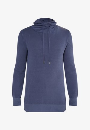 Navy blauwe trui met een kraag, lange mouwen, gestructureerde stof en ribgebreide zoom en boorden. Voorzien van trekkoorden met zilveren metalen punten.
