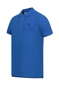 Short-sleeve polo shirt in bright blue cotton, featuring a collar, two buttons, and a black logo accent on the chest.