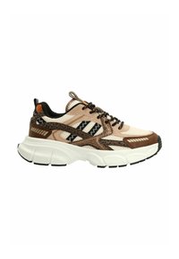 Sneakers featuring a mesh upper in beige, with brown accents and black stripes. Thick white sole with distinct tread pattern.