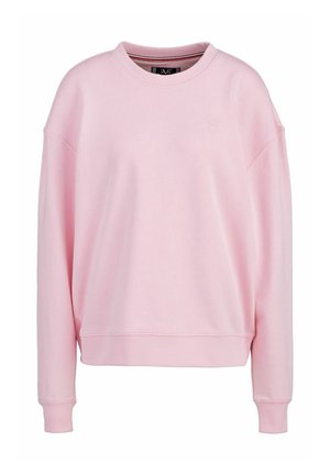Lichtroze sweatshirt, zachte stof, ronde hals, verlaagde schouders, ribgebreide mouwen en zoom. Bevat een klein logo op de borst.