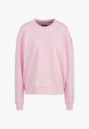 Helles rosa Sweatshirt, weicher Stoff, Rundhalsausschnitt, fallende Schultern, gerippte Bündchen und Saum. Mit kleinem Logo auf der Brust.