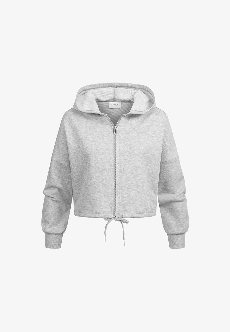 Lys grå cropped hoodie med frontlynlås, snoretræk i kanten, lange ærmer, ribbede manchetter og fastsyet hætte.