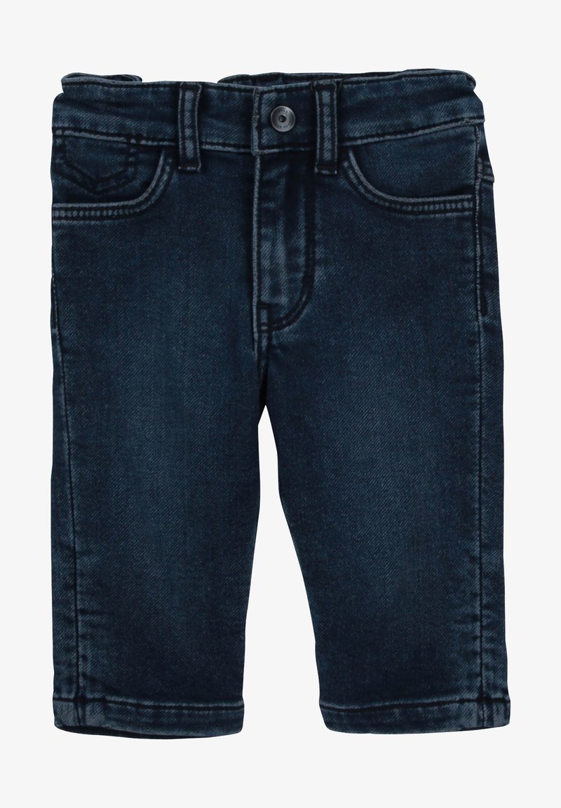 Tmavě modré džínové kalhoty s klasickým pětiprvkovým designem, vybavené zapínáním na knoflíky, rovnými nohavicemi a jemnými šicími detaily.