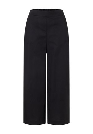 Pantalon noir à jambes larges avec taille élastique, taille mi-haute, longueur cheville, tissu lisse, sans poches visibles ni ornements.