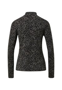 Long-sleeve top in dark gray with a black leopard print pattern, featuring a mock neck and fitted design. Soft texture with minimal seams.