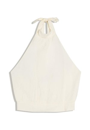 Weißes ärmelloses Neckholder-Oberteil mit Bindung am Hals und elastischem Taillenbund, aus leichter Stoffqualität.