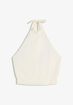 Top alb fără mâneci, cu guler halter și cordon de strângere la gât, talie elastică, fabricat dintr-un material ușor.