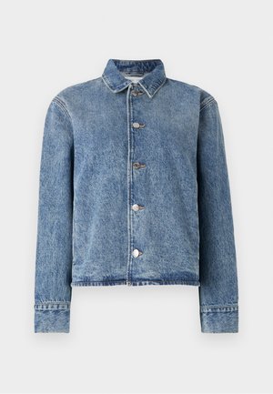 Denim jacket in light blue with a button-up front, collar, long sleeves, and fringe hem. Features metal buttons and slightly distressed texture.