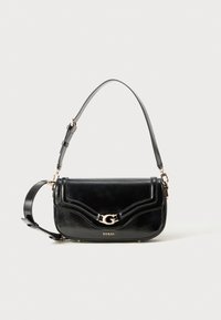Black leather handbag with a textured finish, curved design, gold hardware, adjustable shoulder strap, and a logo accent on the front.
