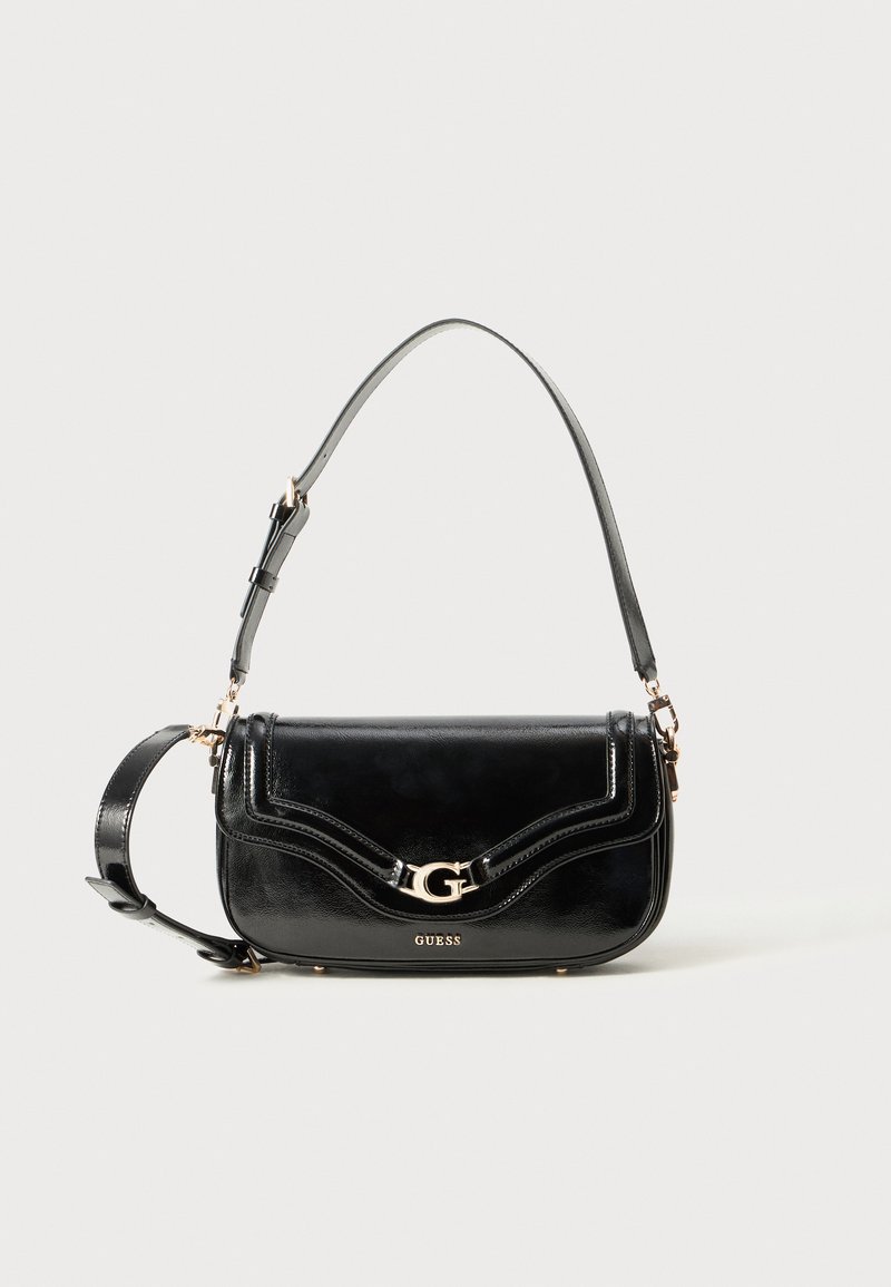 Black leather handbag with a textured finish, curved design, gold hardware, adjustable shoulder strap, and a logo accent on the front.