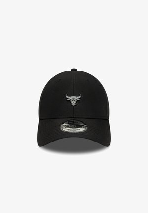 Black baseball cap with a structured crown, curved visor, and a silver bull logo on the front. Made from a smooth fabric with adjustable strap.