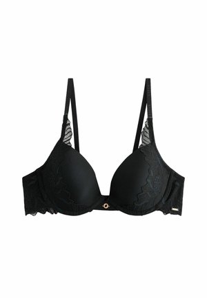 Schwarze gepolsterte BH mit Spitzenverzierungen an den Cups und Trägern, verstellbaren Trägern und einem Hakenverschluss auf der Rückseite. Akzentuierung in Goldfarbe.