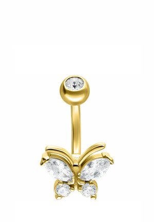 Goldener Bauchnabelring mit klaren Edelsteinen in Schmetterlingsform am unteren Anhänger und einem einzelnen runden Edelstein am oberen Ball.