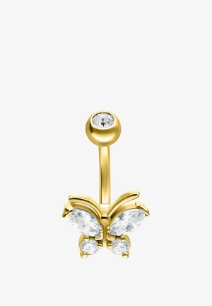 Goldener Bauchnabelring mit klaren Edelsteinen in Schmetterlingsform am unteren Anhänger und einem einzelnen runden Edelstein am oberen Ball.