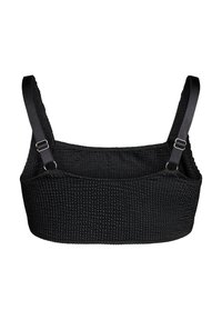 Zwarte geweven crop top van textuurstof, verstelbare zwarte banden en een gestructureerd ontwerp. Geen patronen of accenten zichtbaar.