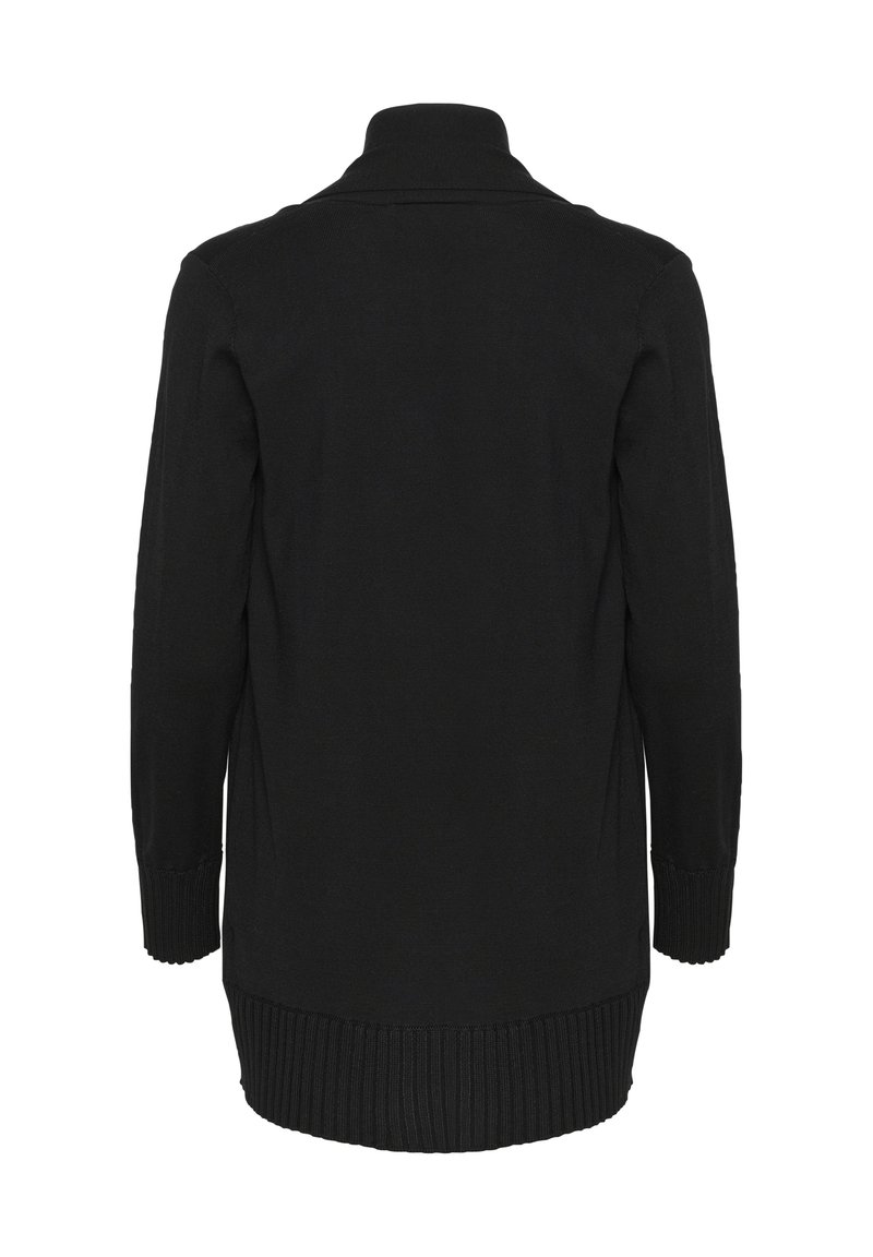 Schwarze Strickjacke mit langen Ärmeln und hohem Kragen, gerippten Bündchen und einem leicht verlängerten Rückensaum. Glatte Textur und schlichtes Design.