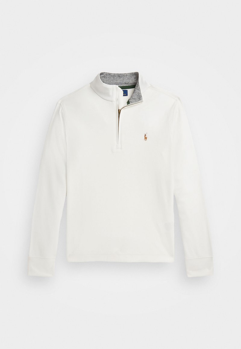 Pullover branco com zíper até à altura do peito e colarinho interior cinza. Apresenta um pequeno logotipo bordado no peito e punhos canelados. Tecido suave e leve.