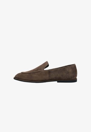 Brown suede slip-on loafer with low black sole and minimal decorative stitching along the top and side.