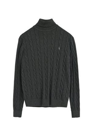 Suéter de punto acanalado en gris oscuro con un alto cuello, con patrones texturizados y un pequeño logo en el pecho. Hecho de una tela suave.