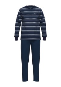 Ensemble de pyjama rayé bleu marine avec un haut à manches longues présentant des rayures horizontales grises clair et un pantalon uni bleu marine assorti. Tissu doux.