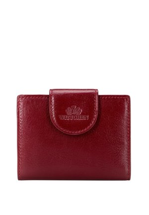 Portafoglio compatto in pelle rossa con chiusura a scatto, impresso con il logo Wittchen sulla patta anteriore.