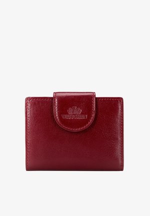 Portafoglio compatto in pelle rossa con chiusura a scatto, impresso con il logo Wittchen sulla patta anteriore.
