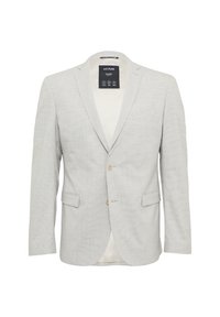 Helles grauer Blazer mit strukturiertem Muster, einreihigem Design, Reverskragen, zwei Vordertaschen und zwei Knöpfen. Gefüttertes Innere.