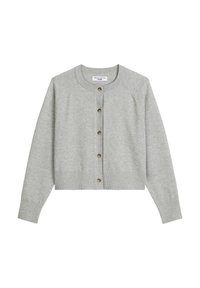 Grå kortärmad cardigan i mjukt tyg, med rund hals, långa ärmar och knäppning framtill med fem runda knappar.
