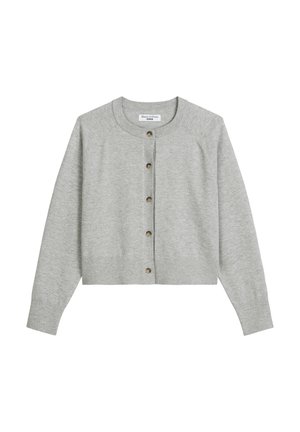 Grijze cropped cardigan van zachte stof, met een ronde hals, lange mouwen en een knoopsluiting aan de voorkant met vijf ronde knopen.