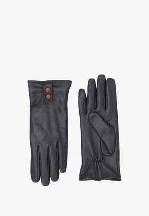 Schwarze Lederhandschuhe mit glatter Textur, figurbetontem Design und gerafftem Handgelenk. Enthält zwei braune Knöpfe an der Manschette zur Dekoration.