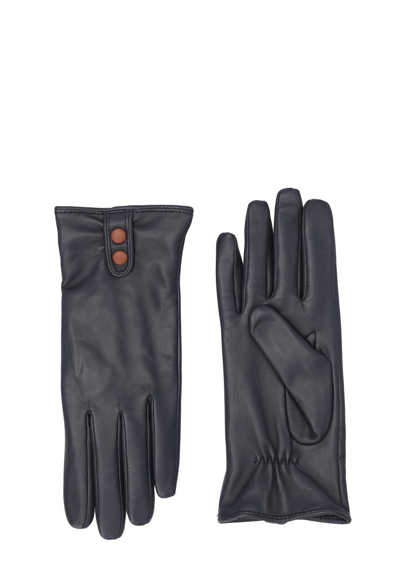 Czarne skórzane rękawiczki o gładkiej fakturze, dopasowanym kroju i marszczonym nadgarstku. Zawierają dwa brązowe guziki na mankiecie jako ozdobę.