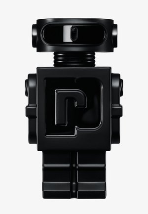 Glossy black retro-style robot toy with rectangular body, cylindrical neck, and oval-shaped head featuring a small central lens.