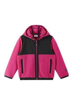 Veste en polaire avec un corps rose et des panneaux noirs, dotée d'une fermeture éclair à l'avant, d'une capuche et de deux poches latérales avec des accents noirs.
