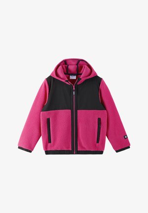 Casaco de fleece com um corpo rosa e painéis pretos, apresentando fecho de correr à frente, capuz e dois bolsos laterais com detalhes em preto.