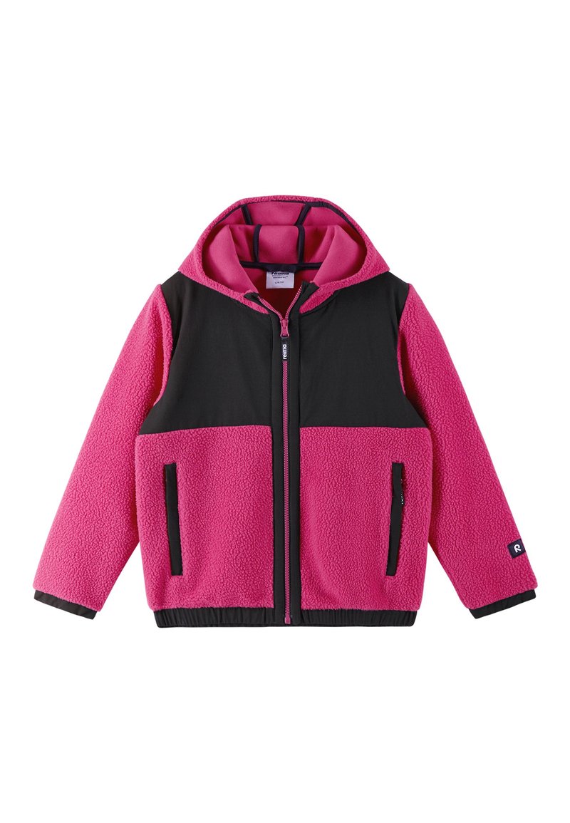 Fleece bunda s ružovým telom a čiernymi panelmi, ktorá má zips vpredu, kapucňu a dve bočné vrecká s čiernymi akcentmi.