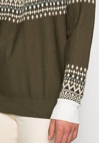 Pull en tricot avec un corps vert olive foncé, des poignets blancs et des manches à motifs comportant des motifs en diamant en blanc, bleu et vert.