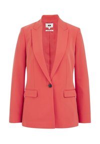 Korálový blazer na jedno knoflíček s klopami, dlouhými rukávy, kapsami s klapkami a úzkým střihem, velikost 36, slim styl.