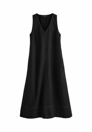 Robe noire sans manches avec un décolleté en V, une coupe trapèze et des détails de coutures visibles verticalement et près de l'ourlet.